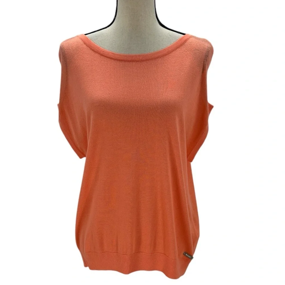 Bench Cap Sleeve Round Neck Lightweight Sweater - Orange - size Small